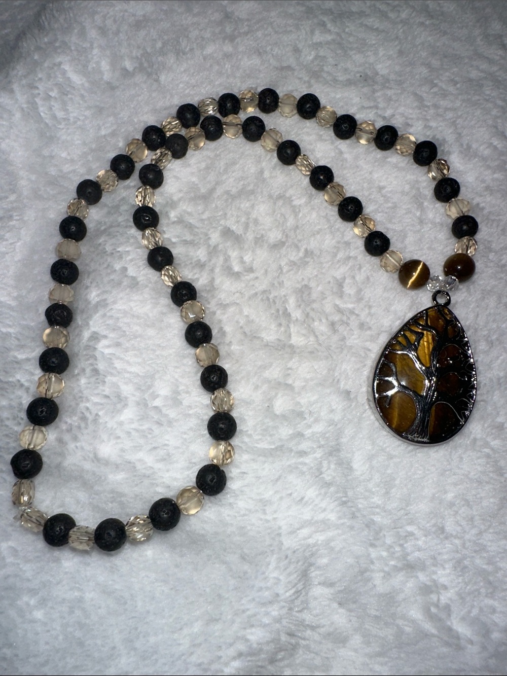 Tiger’s Eye Tree Necklace (Beige Crystal Beads, Black Lava Rock And Tiger’s Eye)